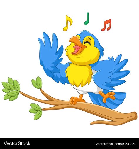 Cartoon Blue Bird Singing On Tree Branch Vector Image