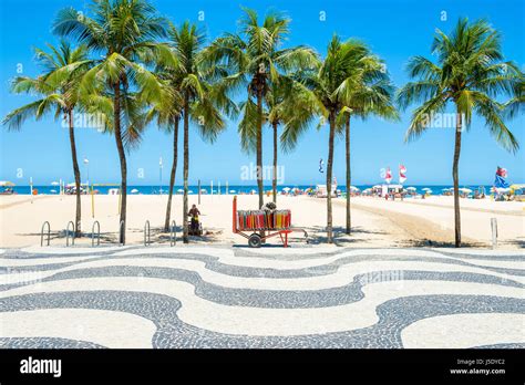 Bright Scenic View Of Copacabana Beach With Palm Trees Beside The