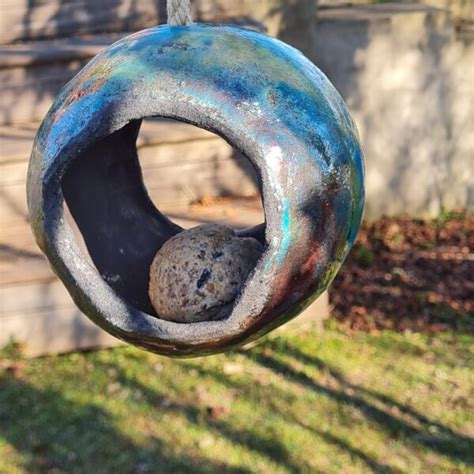 Mangeoire pour oiseaux Turquoise cuivré Céramique RAKU Laure Bruas