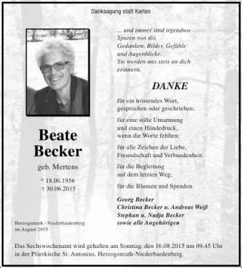 Traueranzeigen Von Beate Becker Aachen Gedenkt