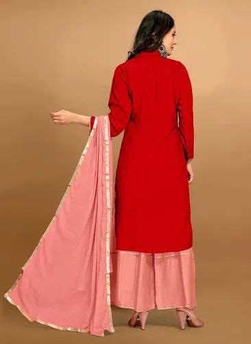 Printed Ladies Red Embroidered Cotton Palazzo Suit A Line At Rs 499