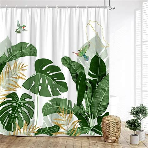 Greenery Shower Curtain Plant Leaves Palm Leaves Spring Flowers