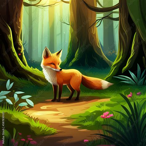 cartoon fox in forest, a cute adorable baby fox, children-friendly ...