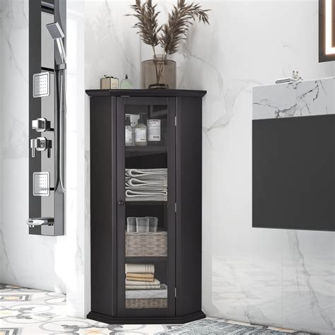 Freestanding Bathroom Cabinet With Glass Door Wooden Floor Storage