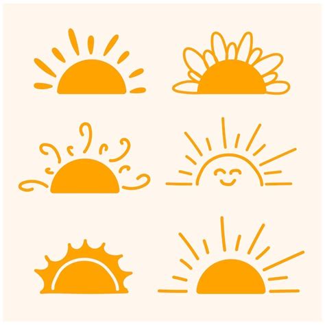 Premium Vector Yellow Semicircle Doodle Half Sun Hand Drawn Icons Set