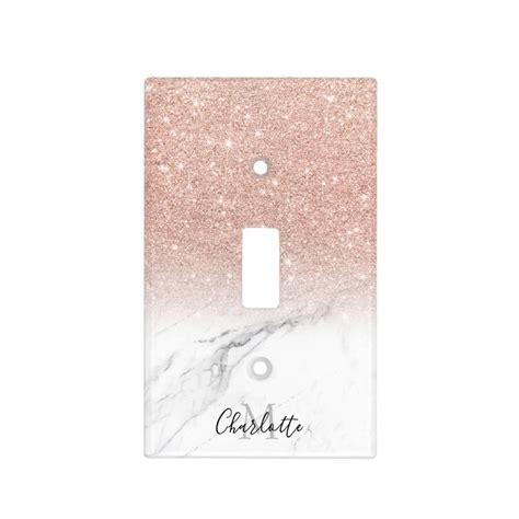 Rose Gold Glitter Monogram Chic White Marble Light Switch Cover