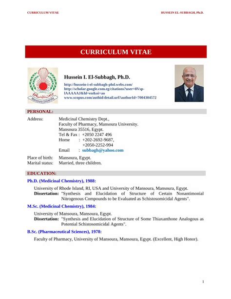 PDF CURRICULUM VITAE HUSSEIN EL SUBBAGH Ph D Pharfac Mans Edu Eg