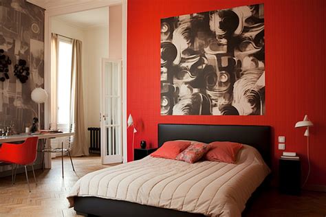 Red Bedroom With Red Walls And Art In It Background, Red Room Picture ...