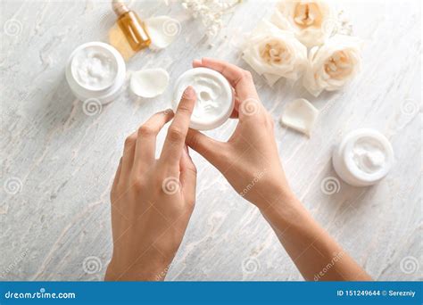 Young Woman Applying Body Cream Closeup Stock Photo Image Of Care