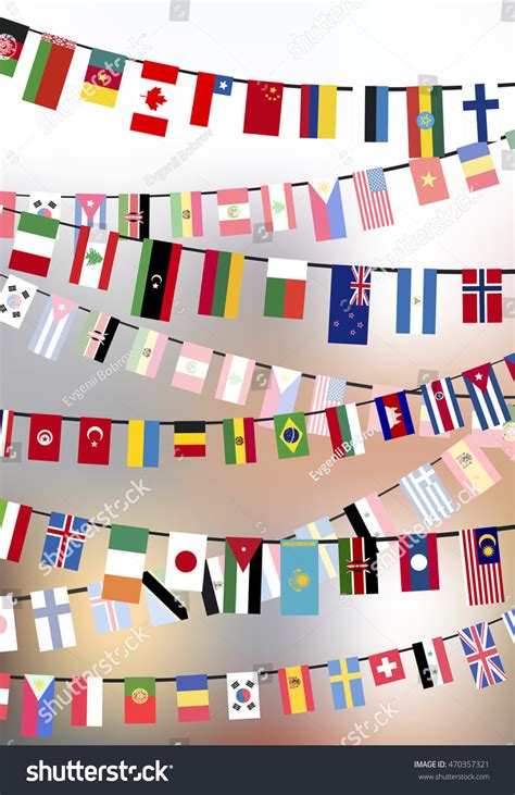 Different Countries Flags Hangs On Ropes Stock Illustration 470357321