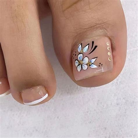 Summer Toe False Nail White French Flowers Press On Nails For Nail Art