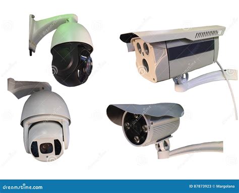 Outdoor CCTV Group Of Monitoring Security Cameras Isolated On Stock