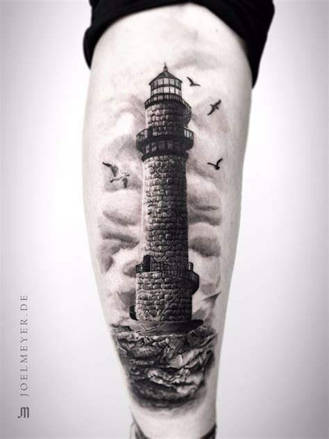 Black And Grey Lighthouse Tattoo