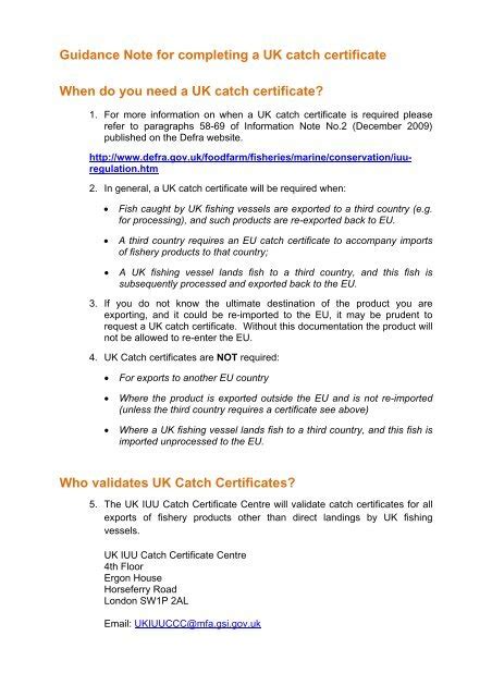 Guidance Note For Completing A UK Catch Certificate ARCHIVE Defra