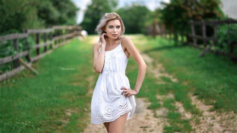 White Dress Looking Away Portrait Blonde Maksim Romanov Depth Of