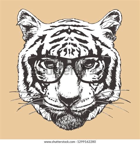 Portrait Tiger Glasses Handdrawn Illustration Vector Stock Vector Royalty Free 1299162280