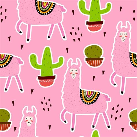 Premium Vector Seamless Pattern With Cartoon Llamas Cacti