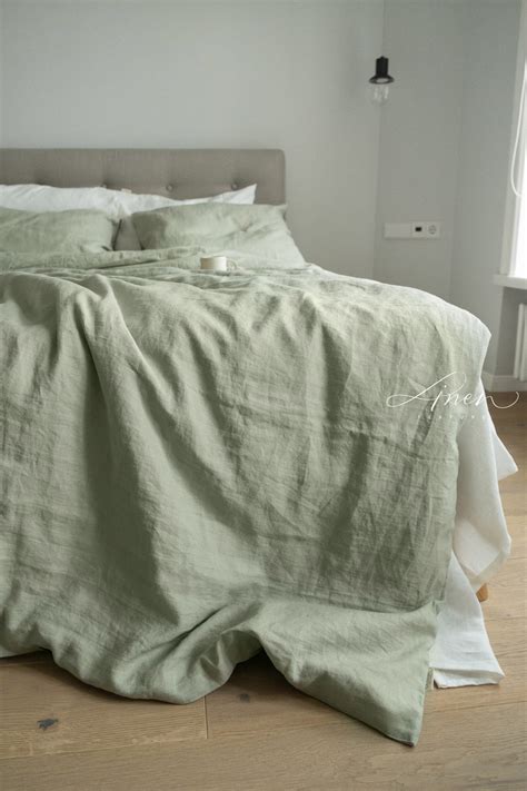 Linen Duvet Cover In Sage Green Stonewashed Linen Bedding Etsy Uk