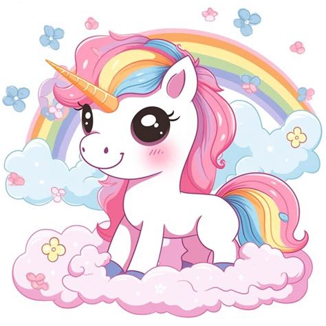 Unicornio De Dibujos Animados Con Arco Iris Y Nubes Foto Premium