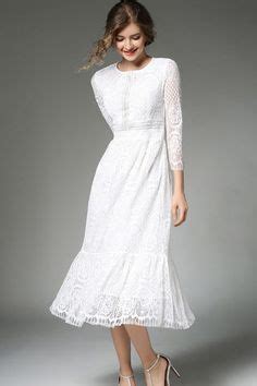 White Three Quarters Length Sleeves Hollow Out Lace Dress