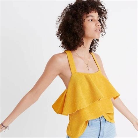 Madewell Tops Mustard Tiered Ribbed Knit Ruffle Tank Blouse Yellow