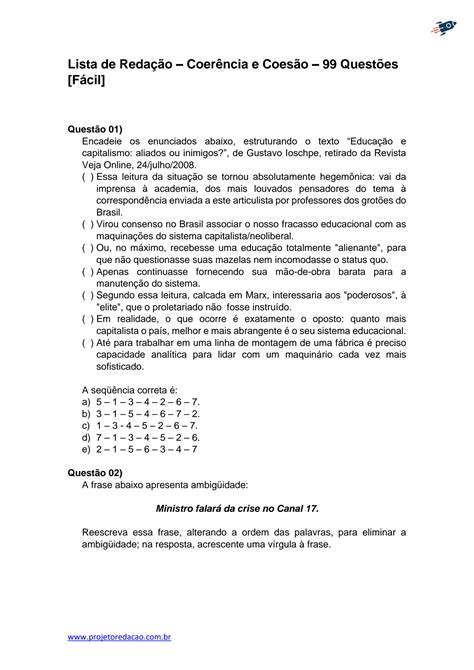 SOLUTION: Lista coerencia e coesao facil 99 questoes - Studypool