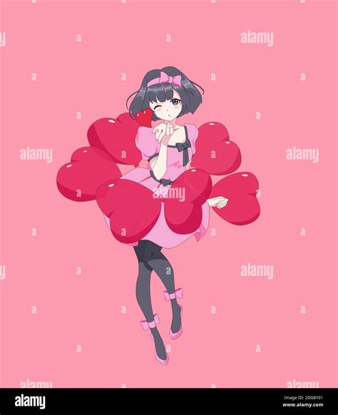 Anime manga girl blows a kiss in a dynamic pose. Balloons in the form ...