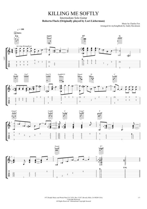 Killing me Softly by Roberta Flack - Solo Guitar Guitar Pro Tab | mySongBook.com