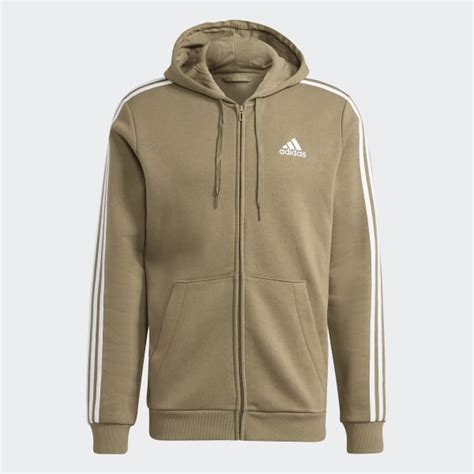 Adidas Essentials Fleece 3 Stripes Full Zip Hoodie Green Adidas Uk