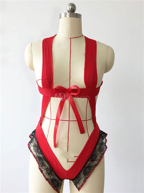 Silk Red Teddies Lace Patch Frill Bowknot Two Tone Open Bust Backless