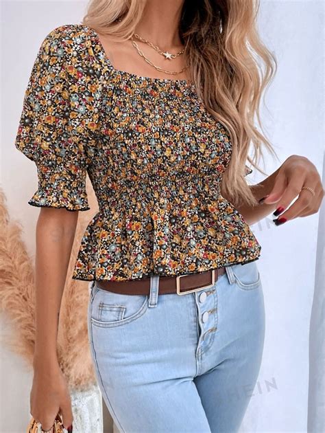 Shein Lune Ditsy Floral Shirred Blouse Shein Euqs