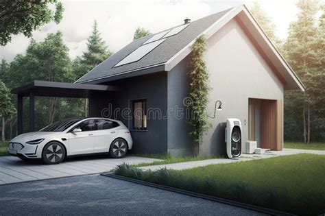 Generative Ai Of White Electric Vehicle Parked Near Residential House