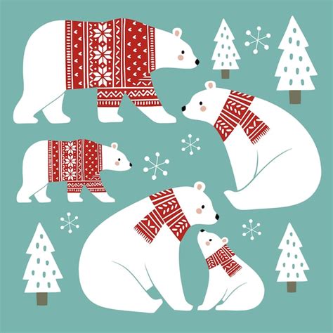 Premium Vector | Hand drawn cute vector polar bears in winter clothes.