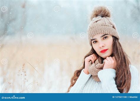 Winter Close Up Portrait Of Beautiful Smiling Young Woman In Knitted