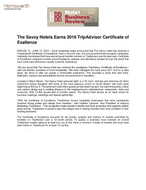 Fillable Online The Savoy Hotels Earns 2016 TripAdvisor Certificate Of