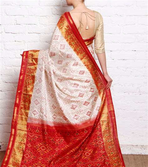 Off White And Red Patola Silk Saree With Zari Border Silk Saree Blouse Designs Indian Saree