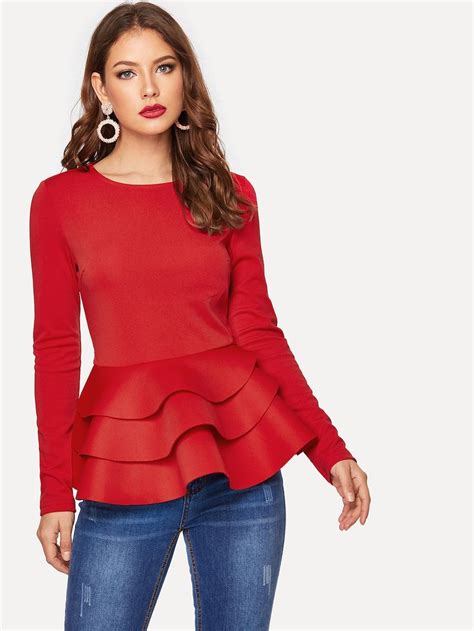 Tiered Ruffle Hem Peplum Top Shein Sheinside Red Fashion Fashion