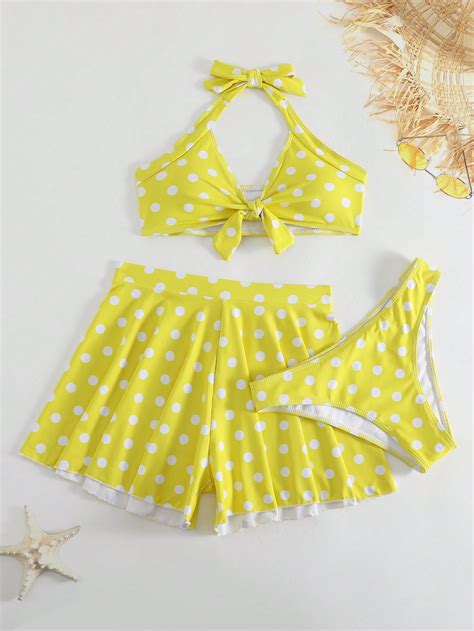 Shein Swim Vcay Polka Dot Knot Front Halter Bikini Swimsuit With Cover