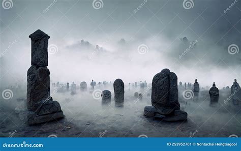 Illustration of Old Cemetery with Fog on Halloween Night. Stock Image ...