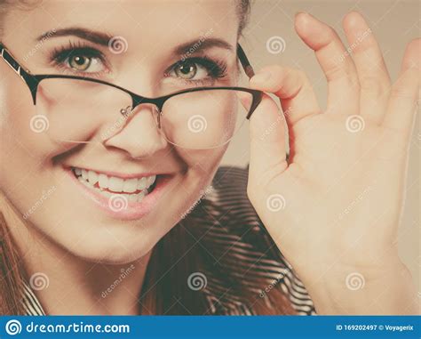 Happy Business Woman Wearing Eyeglasses And Shirt Stock Image Image