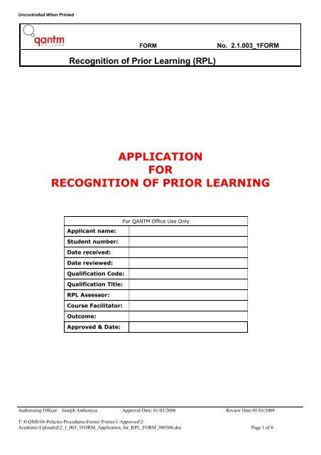 Application For Recognition Of Prior Learning