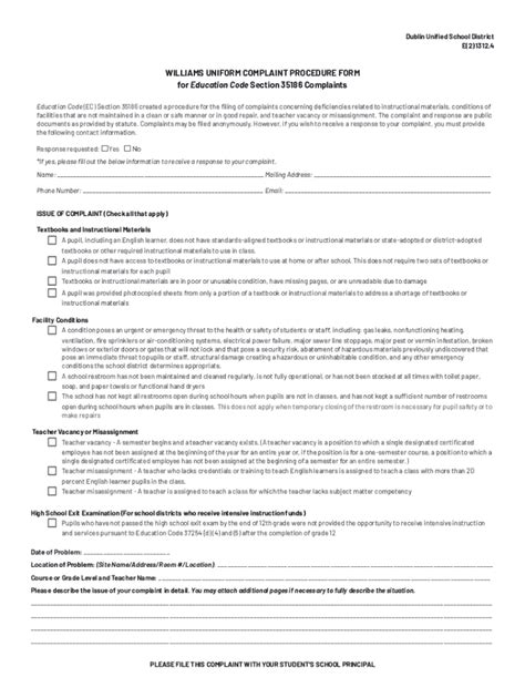 Fillable Online Williams Uniform Complaint Procedure Form