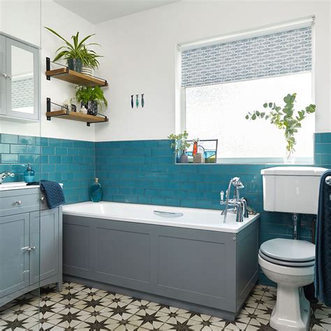 Teal blue bathroom makeover with patterned floor and grey furniture | Ideal Home