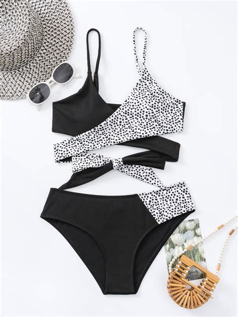 SHEIN Swim Vcay Dalmatian Ribbed Bikini Set Wrap Wireless Bra Hipster