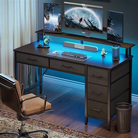 Inbox Zero Linze Computer Desk with Drawers and Monitor Shelf, Gaming Desk with RGB LED Lights ...