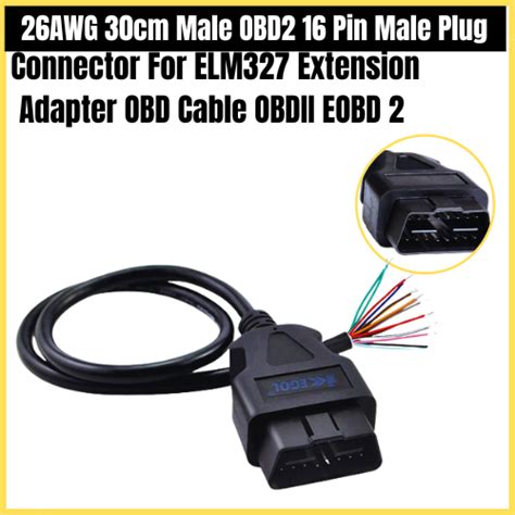 26awg 30cm Male Obd2 16 Pin Male Plug Connector For Elm327 Extension Adapter Obd Cable Obdii