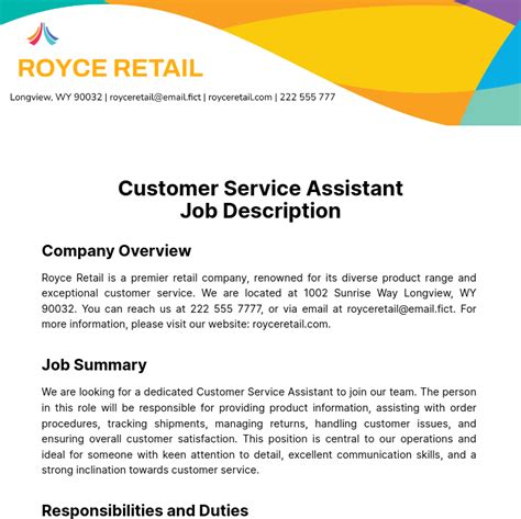 Free Customer Service Assistant Job Description Template Edit Online