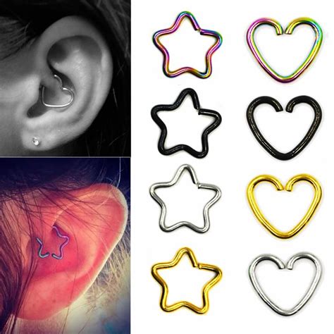 2pc Daith Heart Ring Star Shape Tragus Cartilage Orbital Ear Helix Fake