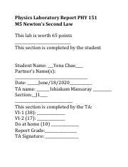 PHY151 M5 Yena Chae Pdf Physics Laboratory Report PHY 151 M5 Newton S