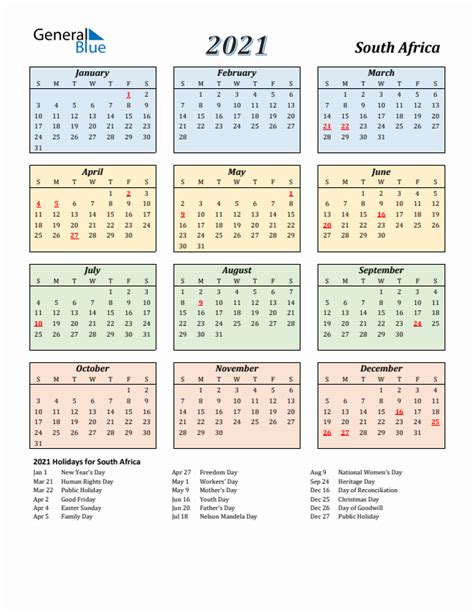 2021 South Africa Calendar With Holidays